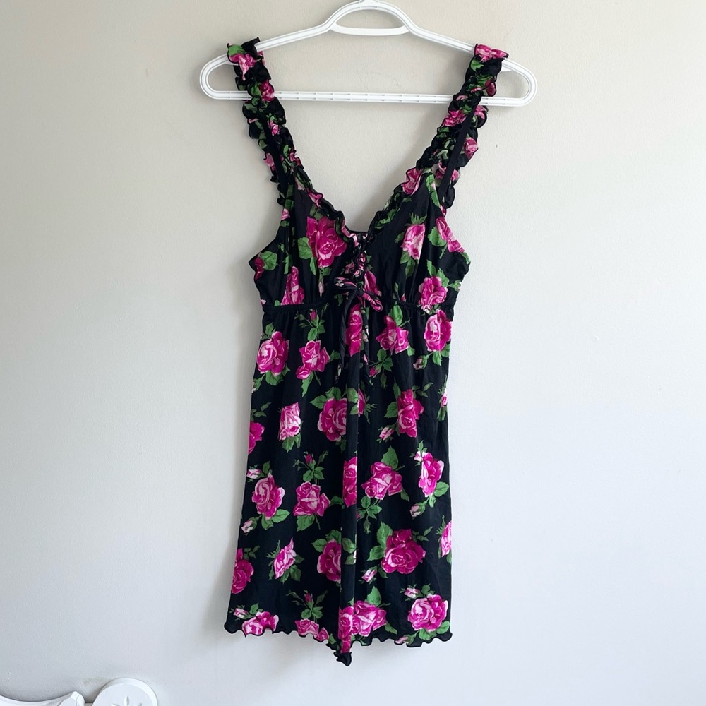 BLACK SHEER SLIP LINGERIE DRESS PINK ROSES GREEN STEMS BOW RUFFLES VINTAGE